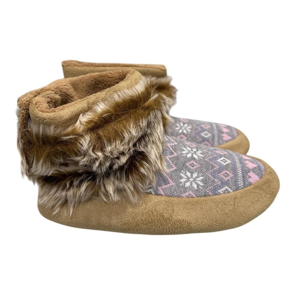 Joe Fresh Slipper Booties Girls Size 5.5 Brown Fair Isle Faux Fur Cozy Winter